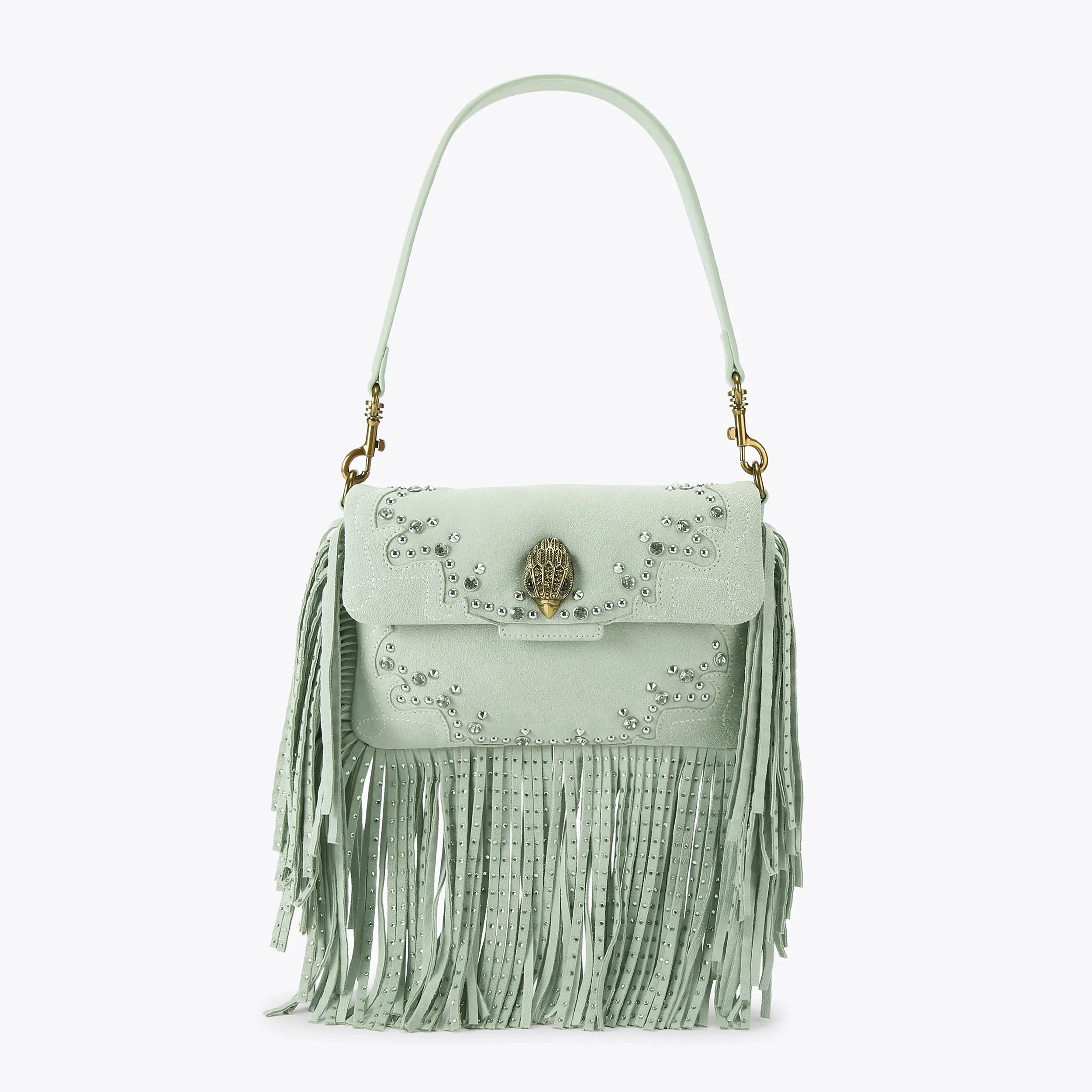 GLASTO FRINGE SHOULDER Pale Green Suede Shoulder Bag by Kurt Geiger London | Kurt Geiger US