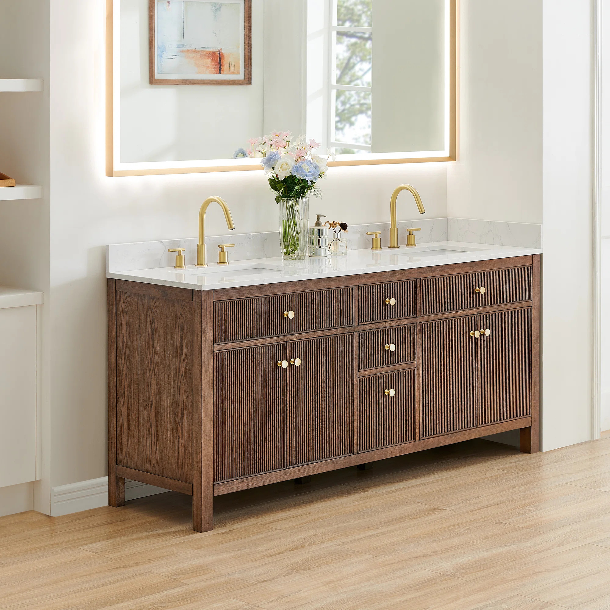 Lala 72" Double Bathroom Vanity with Grain White Engineered Stone Countertop without Mirror | Wayfair North America