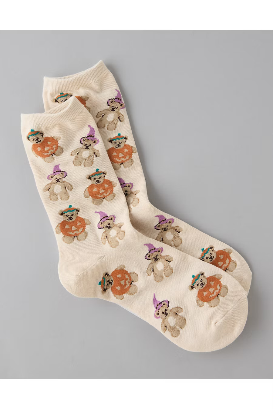 AE Pumpkin Teddy Bear Crew Socks Women's Cream One Size | American Eagle Outfitters (US & CA)