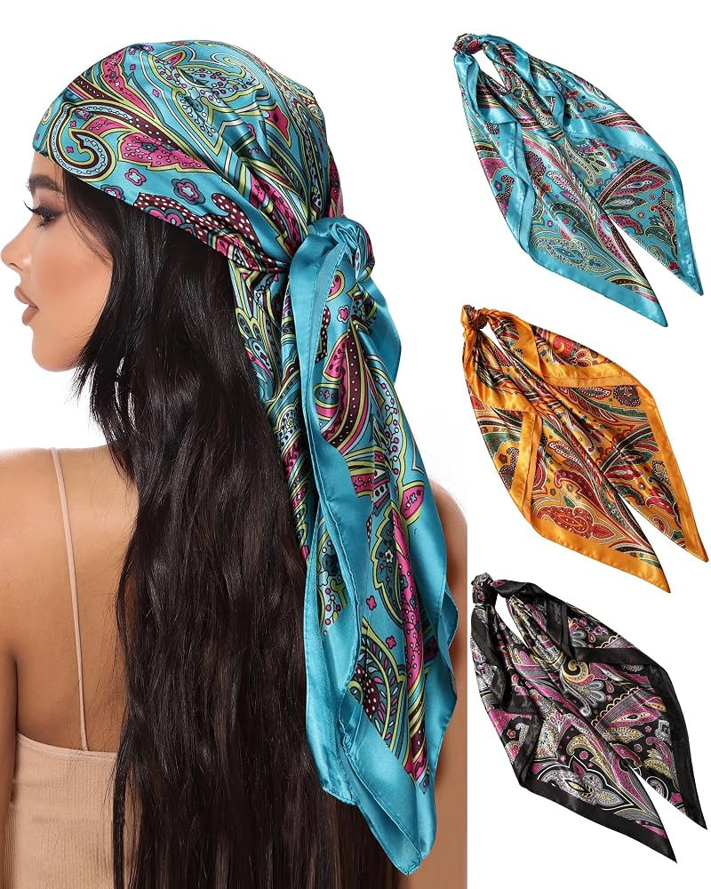 AWAYTR 35” Large Square Satin Head Scarf - 3Pcs Satin Hair Scarves Silk Bandana Scarf Headscarf... | Amazon (US)