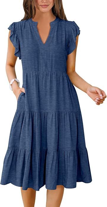 ANRABESS Womens Summer Dress Ruffle Sleeve V Neck Midi Dresses Fashion Casual Fit Flowy Tiered Bo... | Amazon (US)