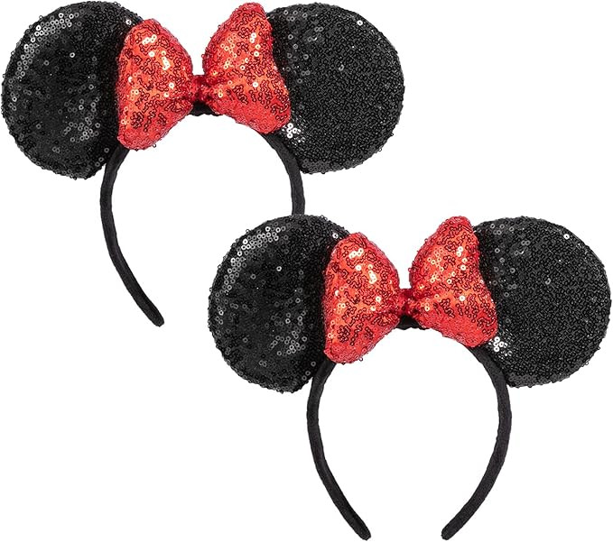 CHuangQi Mouse Ears Shiny Headband with 3D Bow Pack of 2, Double-sided Sequin Hair Band for Birth... | Amazon (US)