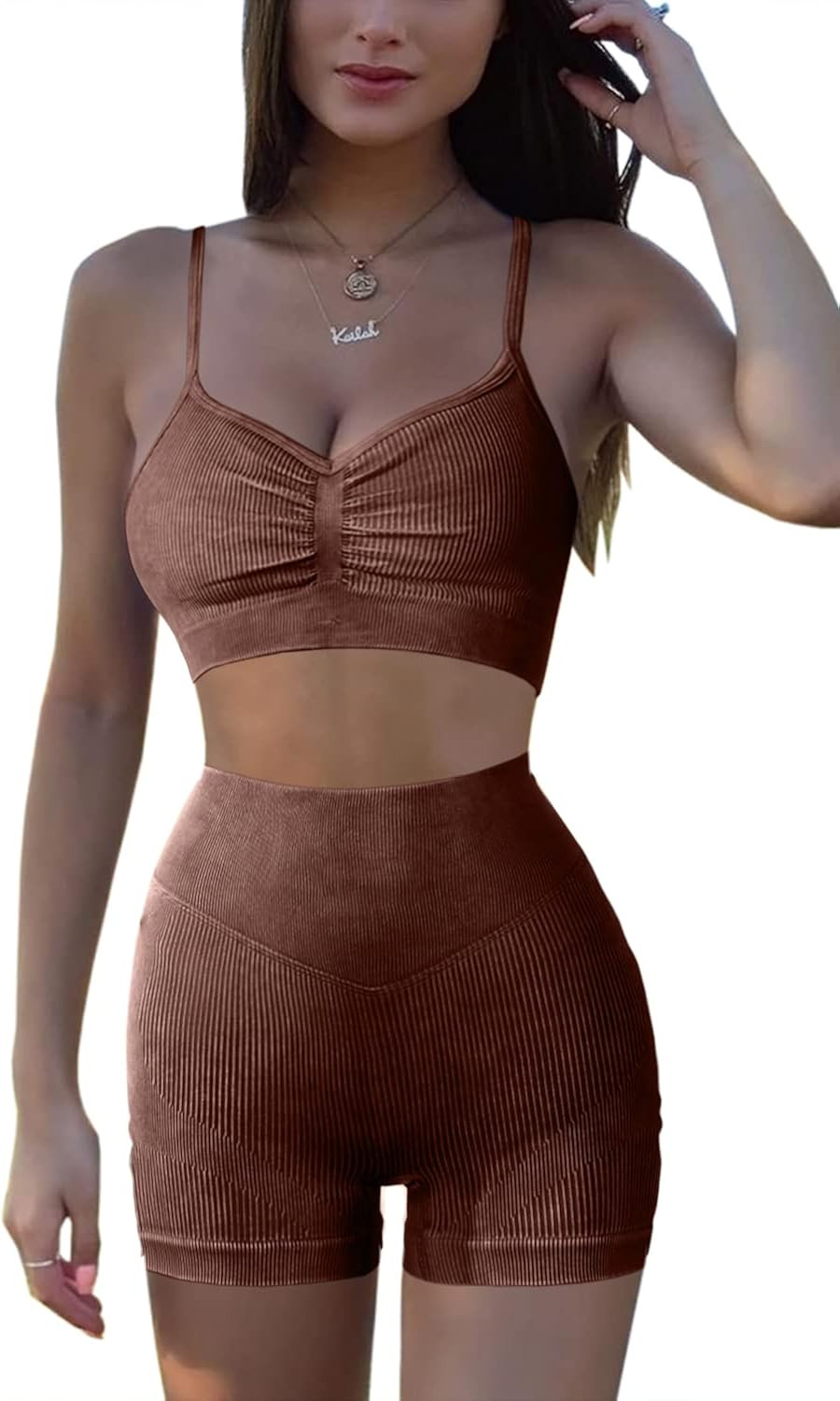 QINSEN Seamless 2 Piece Workout Sets for Women Exercise Yoga Sport Bra Ruched Back Booty Shorts O... | Amazon (US)