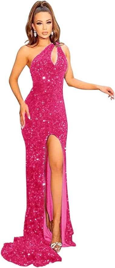 Loyeloy One Shoulder Mermaid Prom Dresses Long Ball Gown for Teens 2024 Glitter Sequin Sexy Slit ... | Amazon (US)