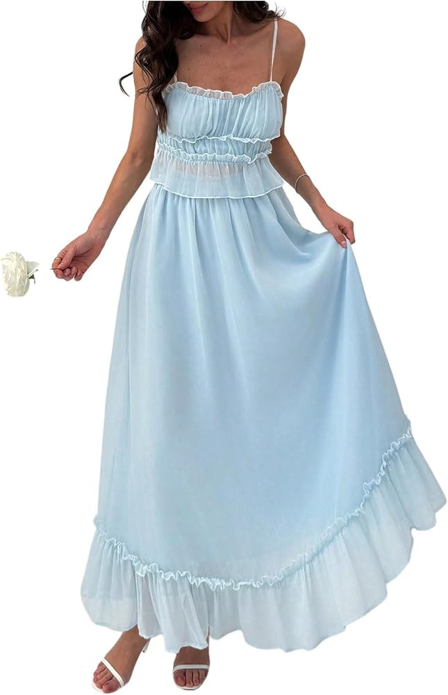 WDIRARA Women's 2 Piece Set Ruffle Frill Trim Cami Flowy Maxi Skirt Contrast Binding Outfits | Amazon (US)