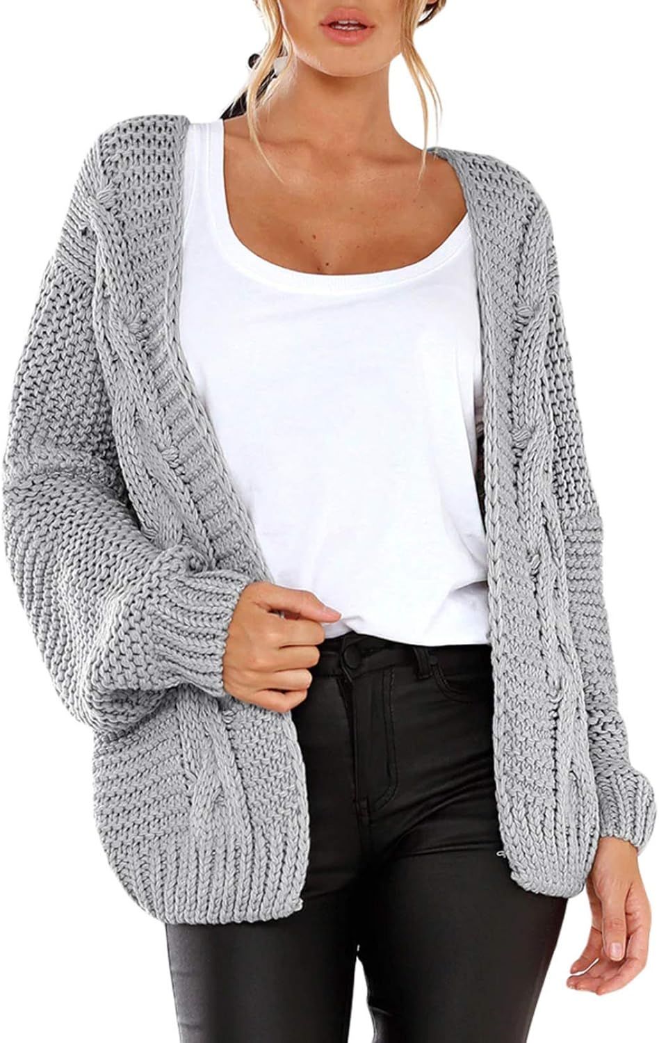 HIKARO Women Chunky Knit Copped Cardigan Chunky Knit Loose Sweater Coat Solid Color Tops | Amazon (UK)