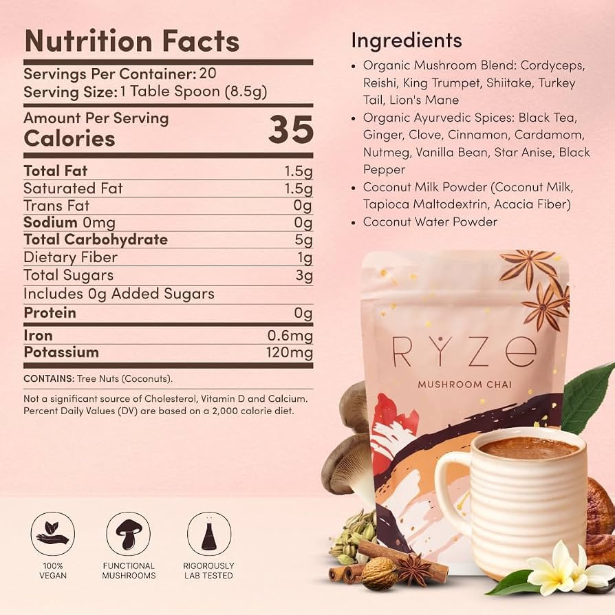 RYZE Organic Mushroom Chai Tea with 6 Adaptogenic Mushrooms, 20 Servings | Amazon (US)