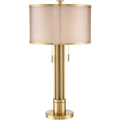 Possini Euro Design Modern Table Lamp 32.5" Tall Brass Column Taupe Organza Linen Double Drum Sha... | Target