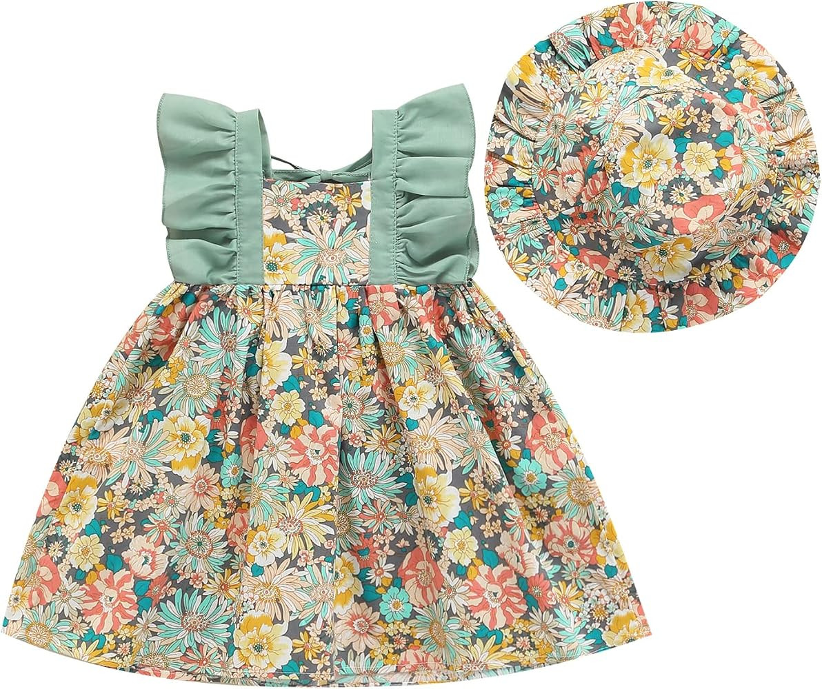 6M-3Y Summer Newborn Infant Toddler Baby Girls Dress Flower Print Ruffles A-Line Dresses + Cap Ou... | Amazon (US)