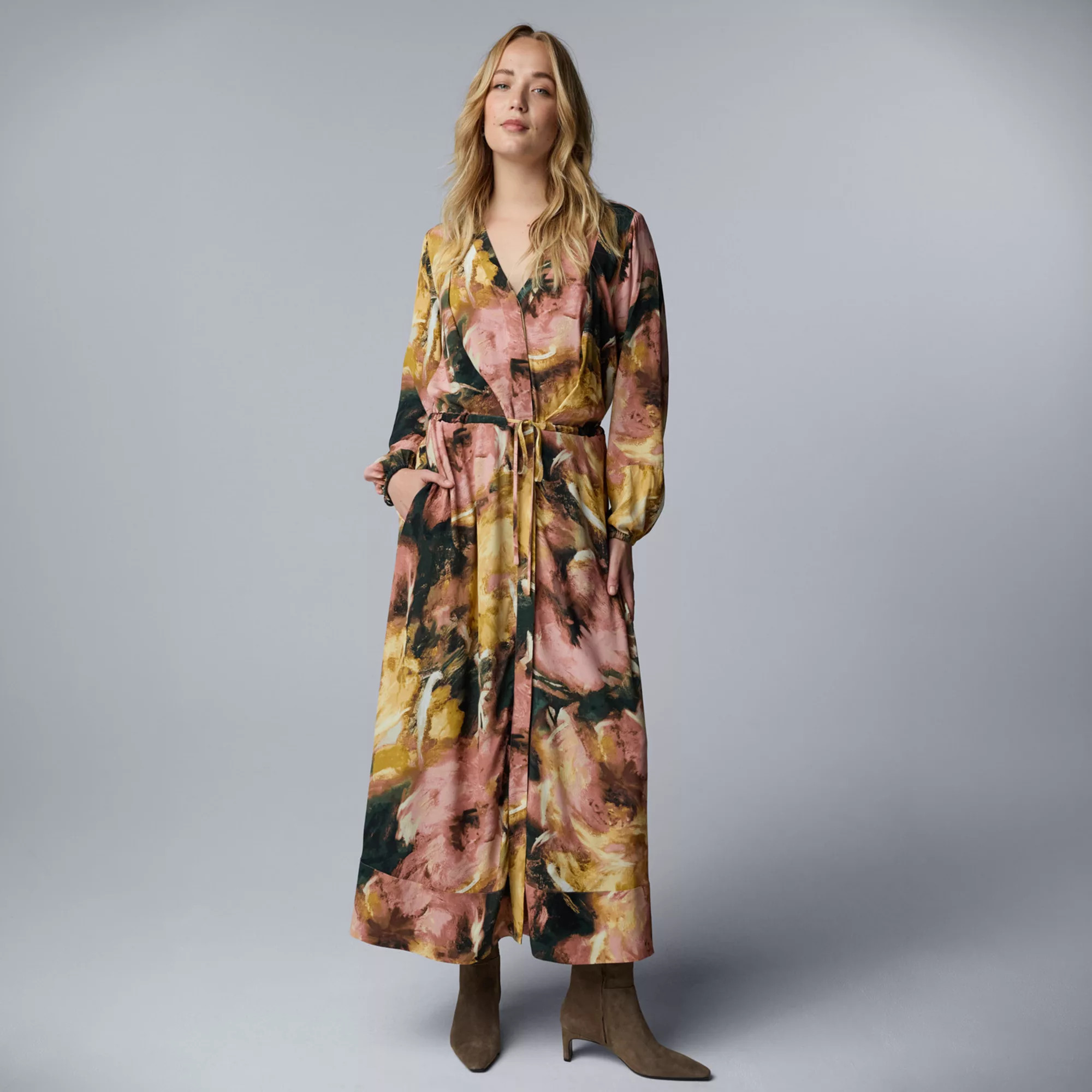 Women's Simply Vera Vera Wang Kimono Maxi Dress, Size: Medium, Brown Stem Floral | Kohl's