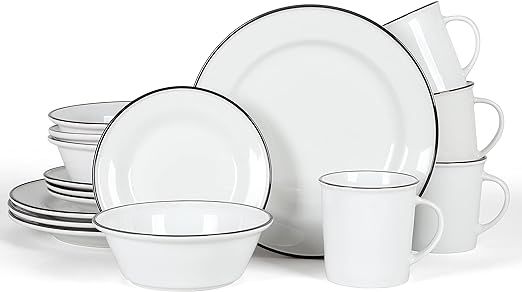 Martha Stewart Cliffield 16 pc Porcelain Dinnerware Set - White w/Black Rim | Amazon (US)