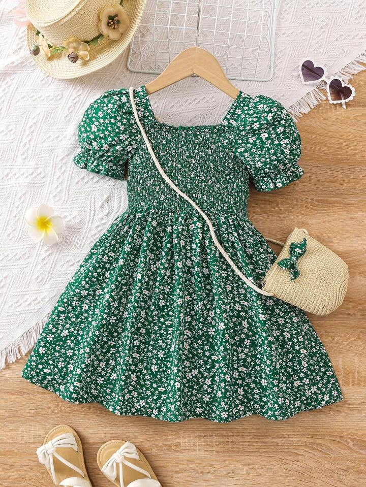 SHEIN Young Girl Green Small Floral Print Vintage & Elegant Dress With Square Neckline And Prince... | SHEIN
