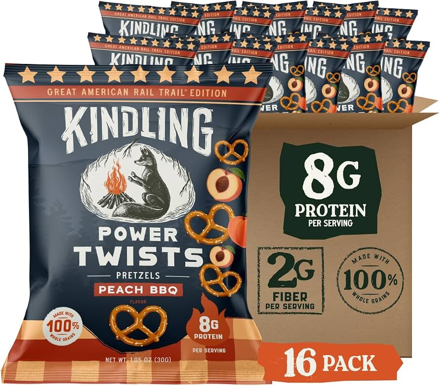 Kindling Protein Pretzels, Peach BBQ, Snack, On-the-Go, 1.06oz Bag     8g protein, 2g fiber, 100%... | Amazon (US)