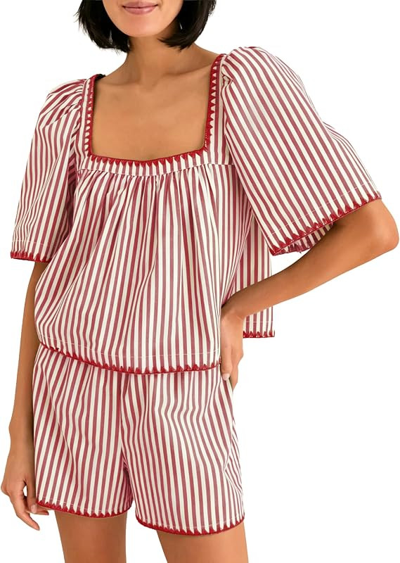 Square Neck Puff Sleeve Top, Elastic Waist Shorts, Side Pockets, Lightweight Comfy, Cute Travel S... | Amazon (US)