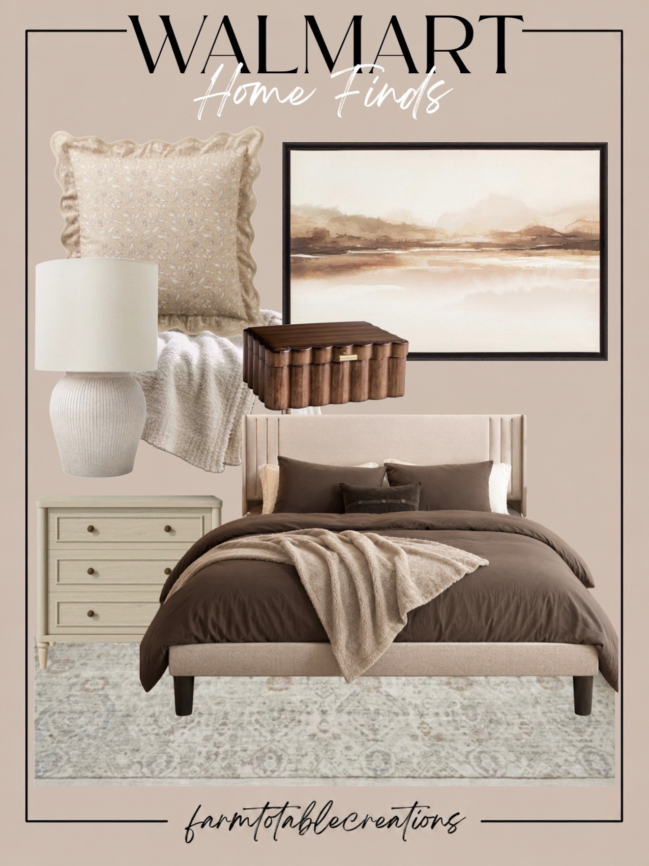 Walmart Cozy Neutral Bedroom Finds 🤎

Create a warm, designer-inspired bedroom without the designer price tag! These Walmart finds layer creamy neutrals, rich chocolate brown, soft textures and warm wood tones for a bedroom that feels cozy, elevated and effortlessly pulled together.

Follow @farmtotablecreations on Instagram for more cozy home finds and trending decor.

From the upholstered bed and neutral rug to the chocolate bedding, scalloped wood accent and soft landscape artwork, every piece works together to create that relaxed, high-end look. Perfect inspiration for transitioning your bedroom into the cozier months ahead!

#LTKHome #WalmartHome #WalmartFinds #WalmartHomeFinds #BedroomDecor #CozyBedroom #NeutralBedroom #BrownBedroom #BedroomInspo #AffordableHomeDecor #DesignerInspired #CozyHome #NeutralDecor #HomeRefresh #LTKFinds

#LTKHome #LTKSaleAlert