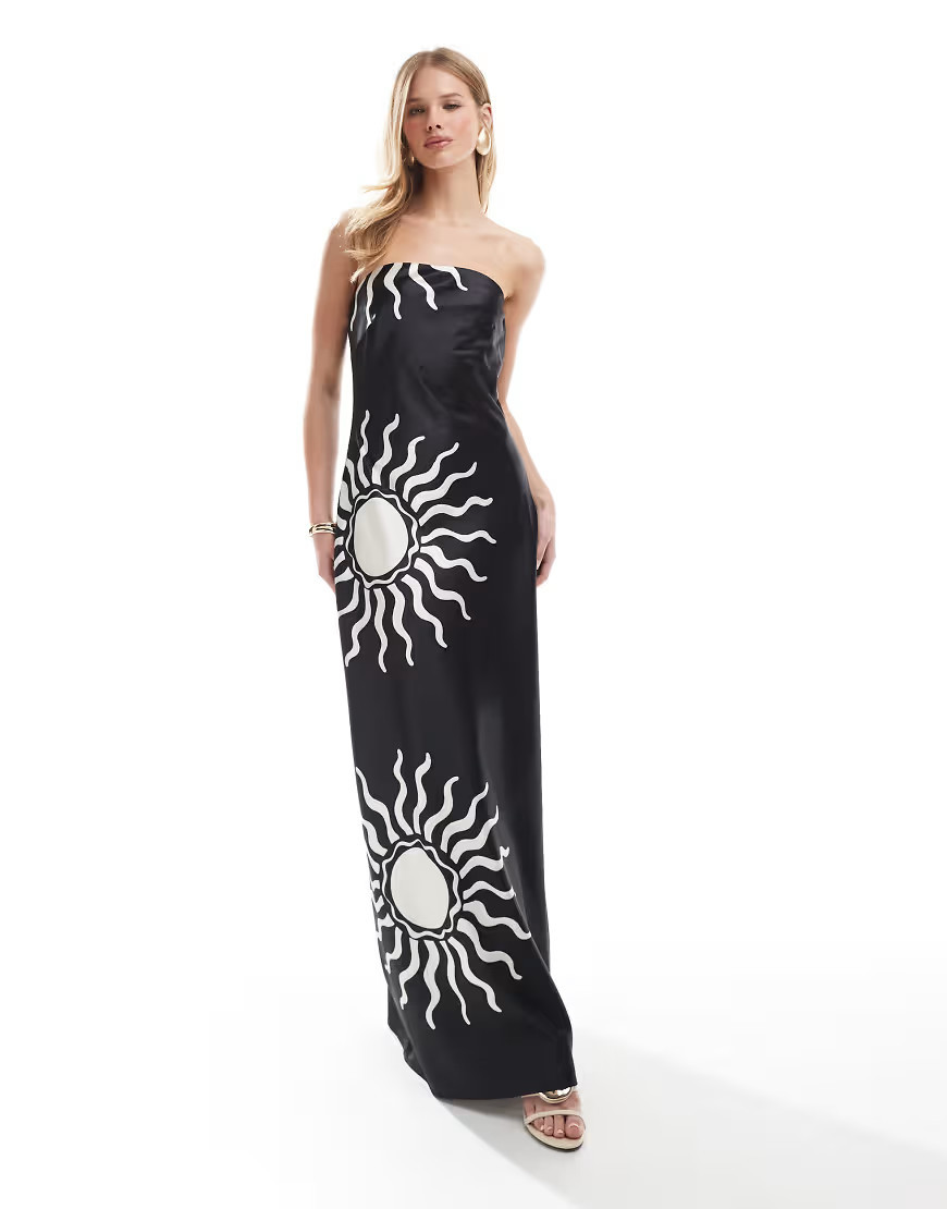 4th & Reckless satin bandeau maxi dress in mono contrast sun print-Multi | ASOS (Global)