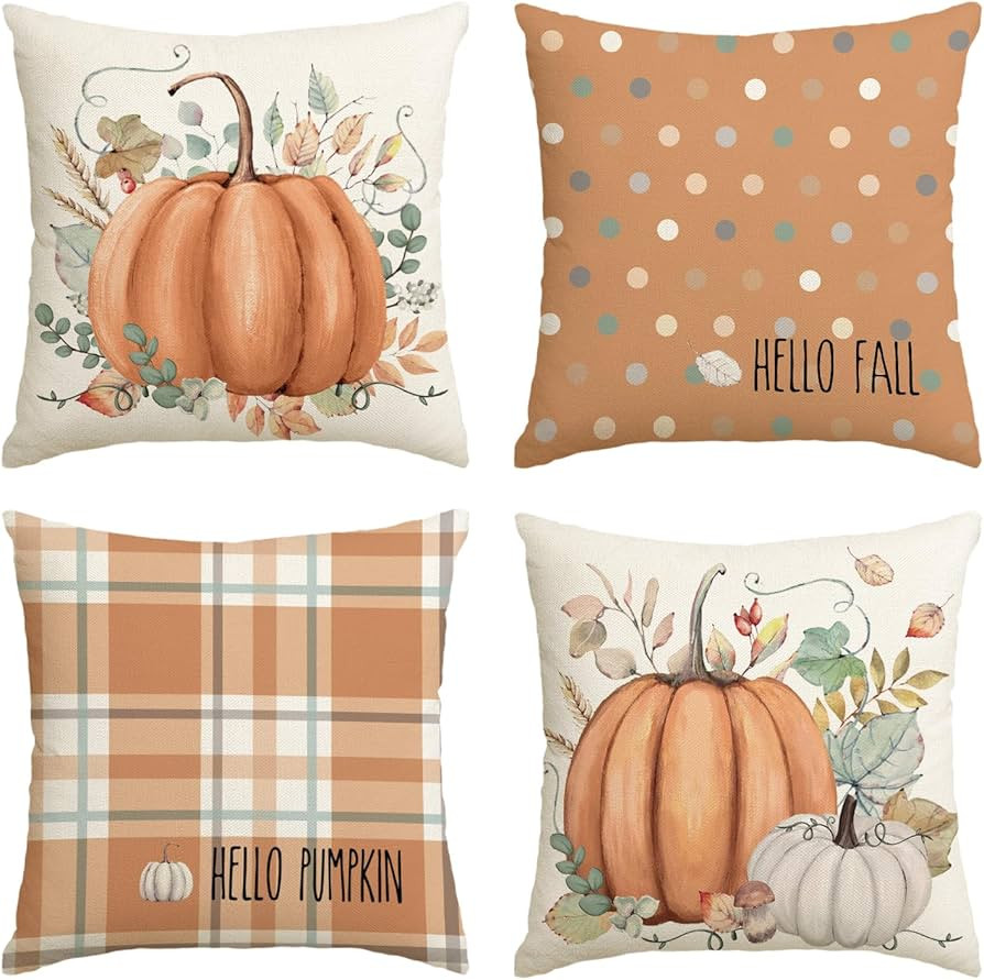 AVOIN colorlife Hello Fall Hello Pumpkin Throw Pillow Covers, 18 x 18 Inch Autumn Thanksgiving Ha... | Amazon (US)