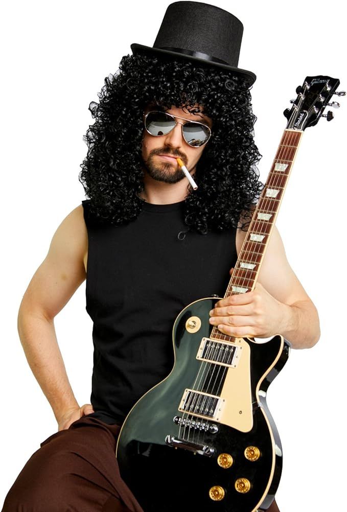Heavy Metal Guitar Wig Top Hat Mirrored Sunglasses Costume Kit | Amazon (US)
