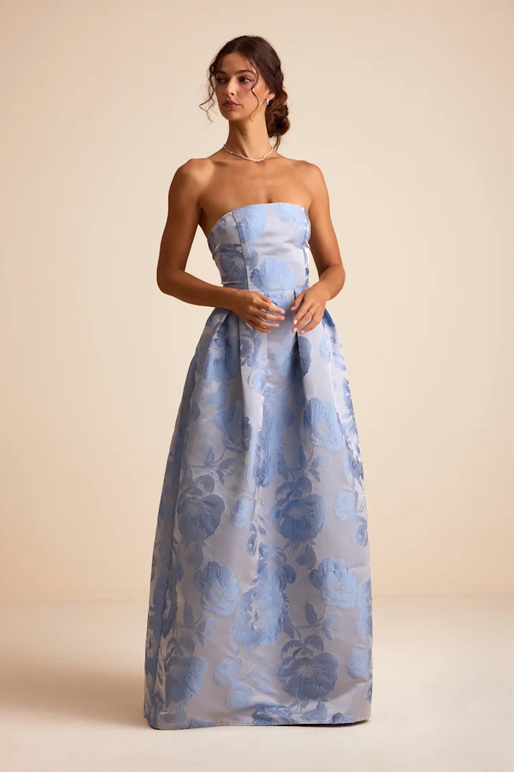 Laurelin Slate Blue Floral Jacquard Pleated Strapless Maxi Dress | Lulus
