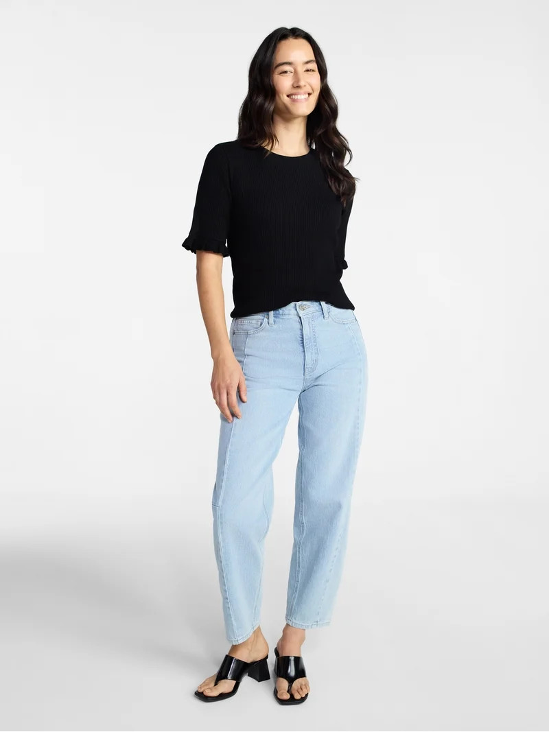 Time and Tru Women's Ribbed Sweater with Flounce Sleeves, Midweight, Sizes XS-XXXL | Walmart (US)