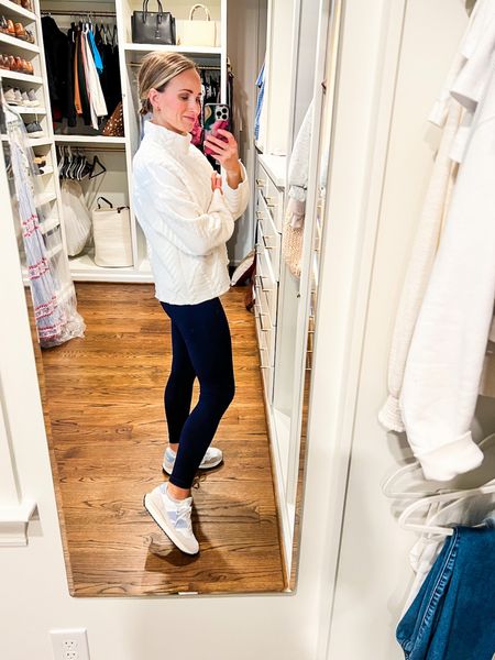 Ribbed SPANX leggings (on sale for $60) in an XS, Zara Quilted Sweatshirt (size S), and New Balance 237 Shoes in the white/grey/blue color way. Linking a similar sweatshirt since Zara isn’t on LTK.  #athleisure #casual 

#LTKSale #LTKSeasonal #LTKFind