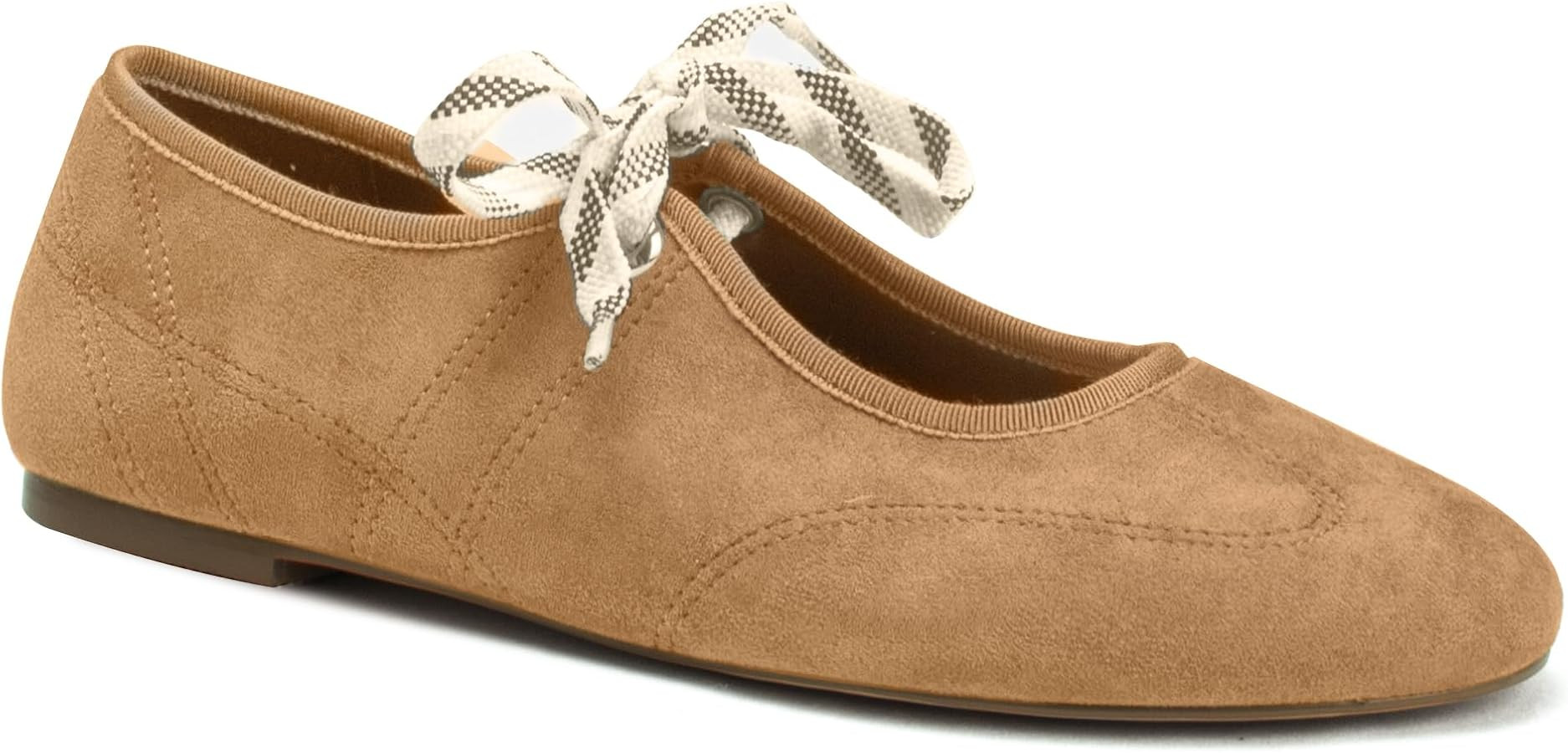 Lace up Ballet Flats for Women Round Toe Cute Slip on Soft Mary Jane Flats Casual Ballerina Shoes | Amazon (US)