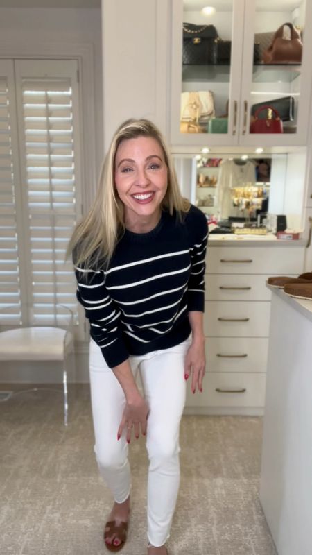 Striped sweater you'll live in. Wear it to work, wear it to kids school - it's the wear with anything everyday sweater. With white jeans and Birkenstocks you're ready for the weekend  

#LTKover40 #LTKVideo #LTKshoecrush