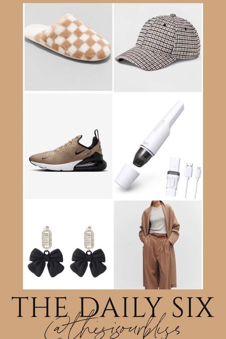The daily six! Todays daily finds!! 🖤

Houndstooth baseball hat for fall
Neutral sneakers
Cordless vacuum (holiday gift idea!!)
Checkered slippers under $10
Holiday bow earrings 
Oversized sweater coat from MANGO

#LTKGiftGuide #LTKsalealert #LTKfindsunder50
