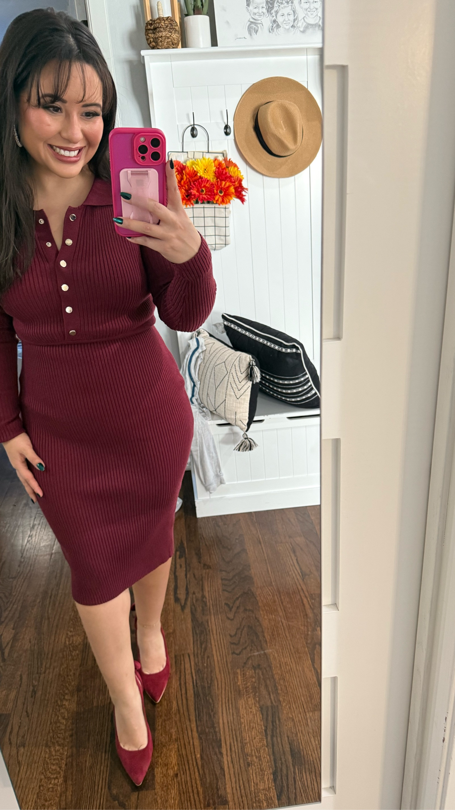 Sweater dress I’m a size medium and 5’2 it’s so warm and soft and has working buttons. Love the color 