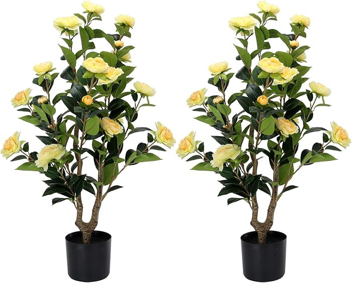Artificial Camellia Tree 2 Pack - Realistic Camellia Plants in Pot with Yellow Flowers, Lifelike ... | Amazon (US)