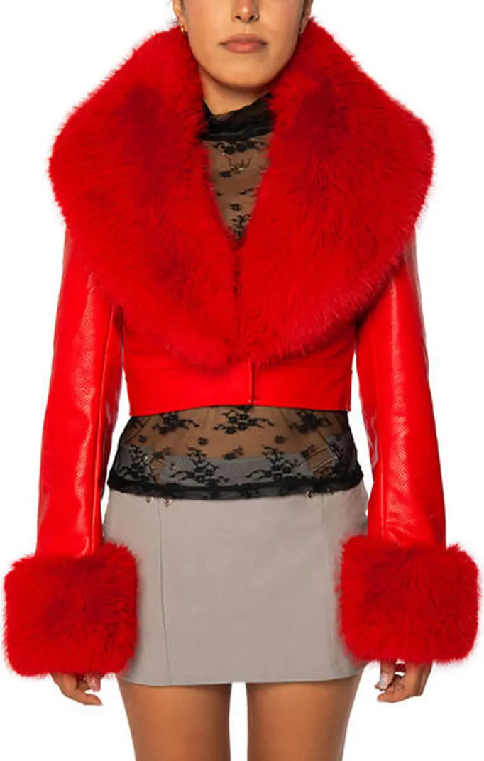 Gisele Faux Fur Trim Faux Leather Crop Jacket | Nordstrom