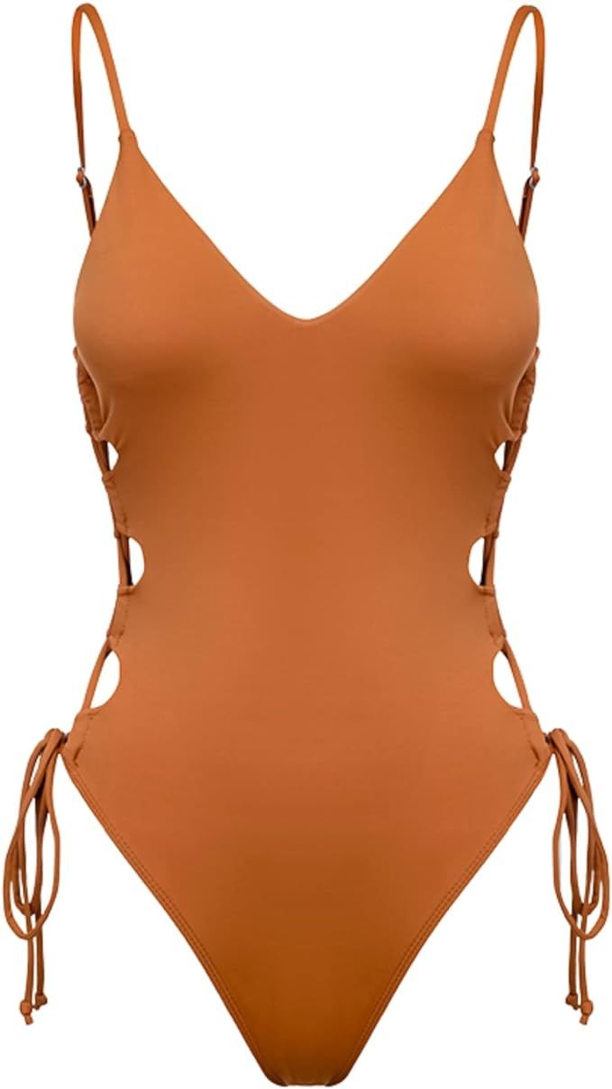 YAKISWIIM Women One Piece Swimsuits Lace Up Beachwear Adjustable Drawstring Monokini High Cut Swi... | Amazon (US)