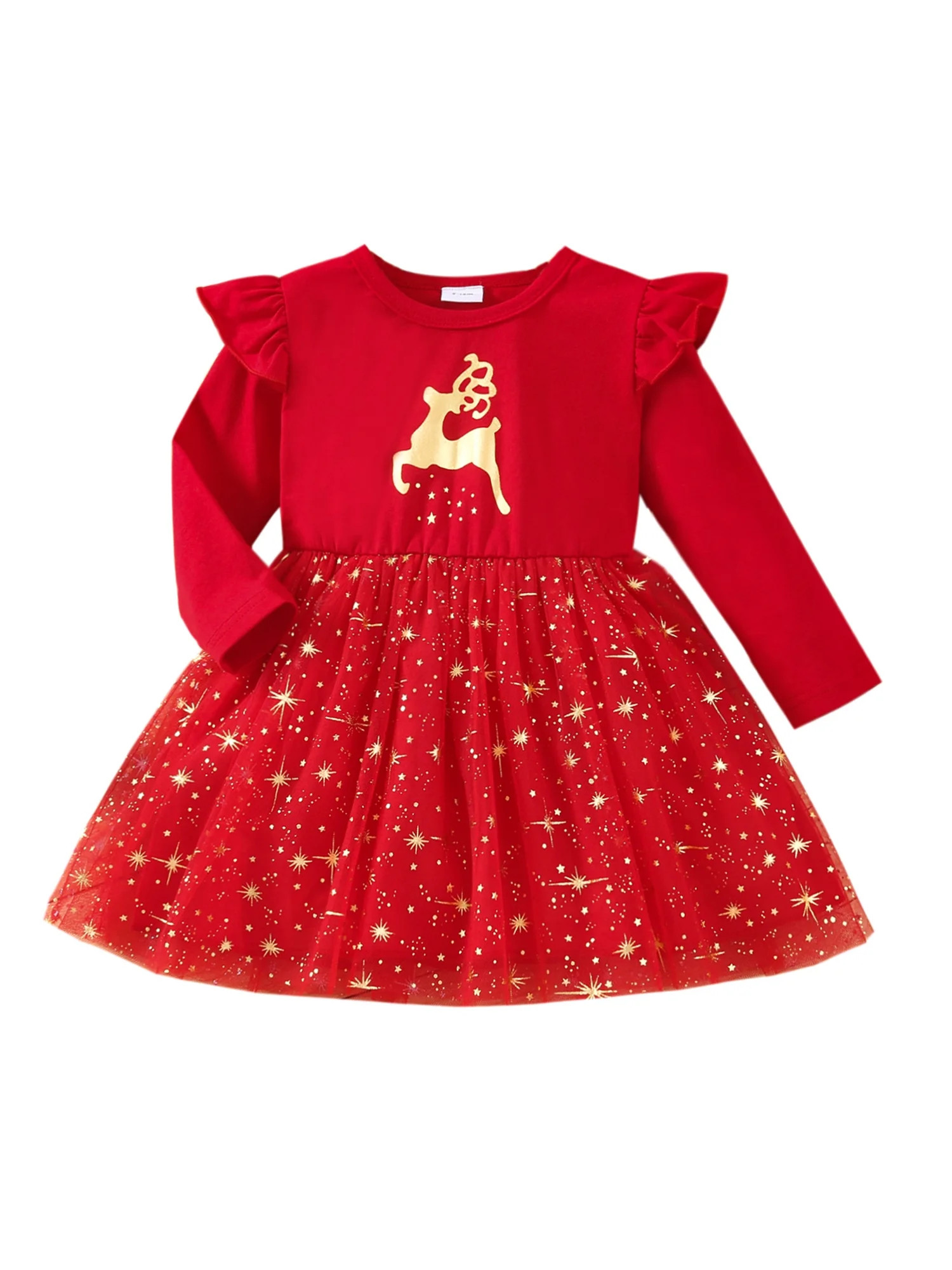 Baby Girl Christmas Tulle Dress Elk Round Neck Long Sleeve Dress Star Sequins Headband Outfit - W... | Walmart (US)