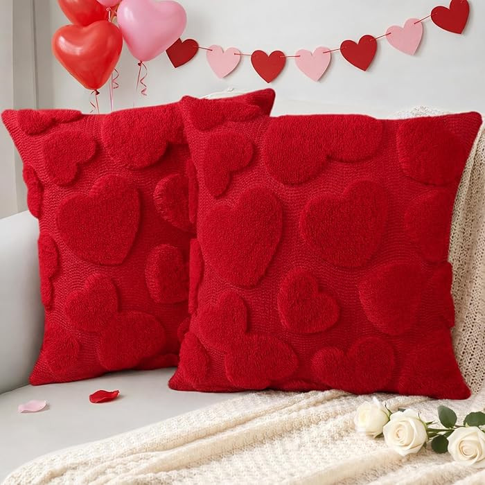 Valentine’s Day Heart Pillow Covers 18x18, Set of 2 – Red Fuzzy 3D Heart Throw Pillow Covers ... | Amazon (US)