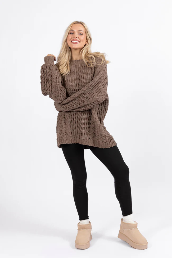 Wide Open Spaces Mocha Oversized Chenille Crew Neck Sweater DOORBUSTER | Pink Lily