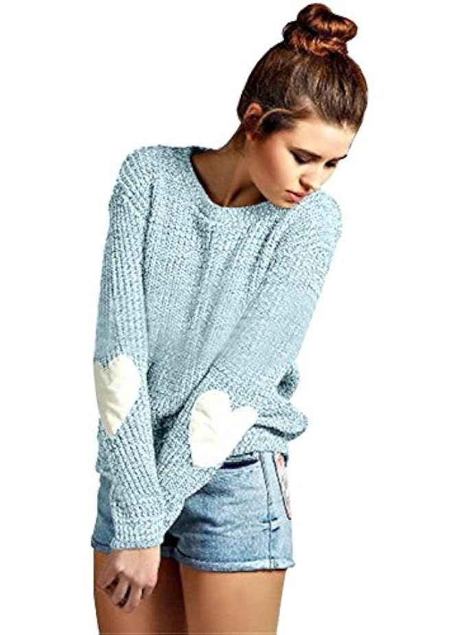 Futurino Women's Heart Patchwork Elbow Crewneck Marled Knitted Pullover Sweater | Amazon (US)