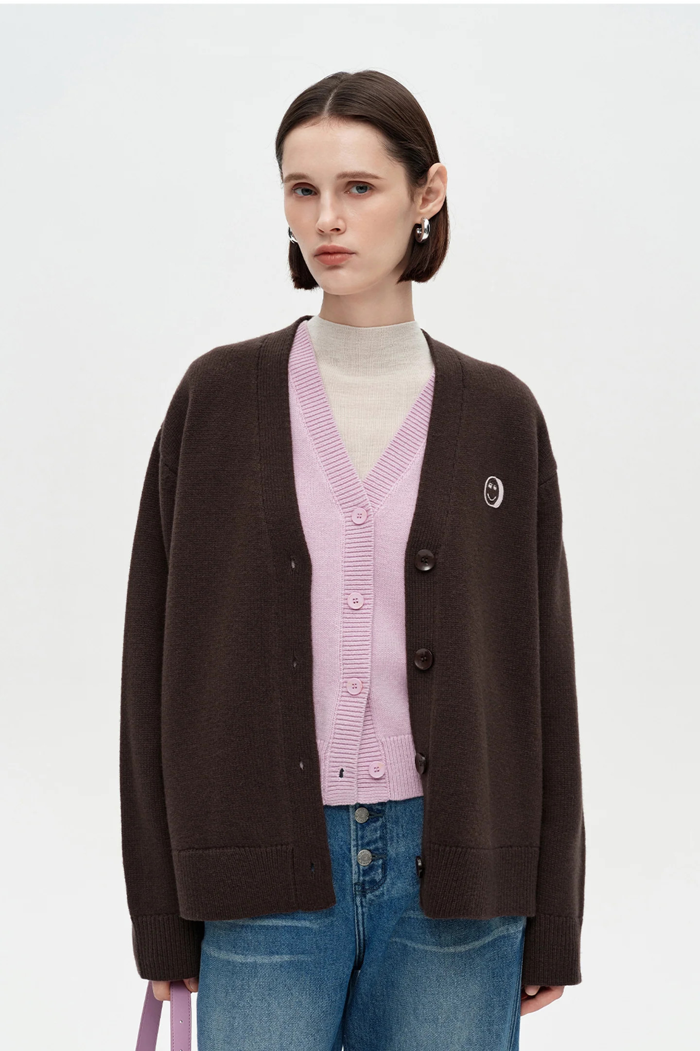 SELFWHO 100% Wool Smiley Face Patch Knitted Cardigan | SELFWHO