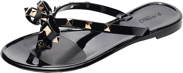Studded Jelly Shoes for Womens Bow Flip Flops Jellies Sandals Flat Black Summer Beach Thong with ... | Amazon (US)