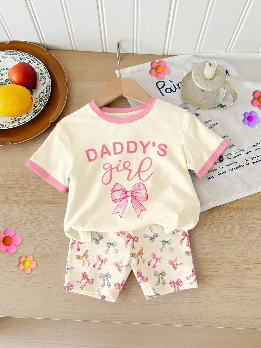 SHEIN Cream Color, Cute Bow Print "Daddy's Girl" Baby Girl Casual Round Neck Loose Short Sleeve T... | SHEIN