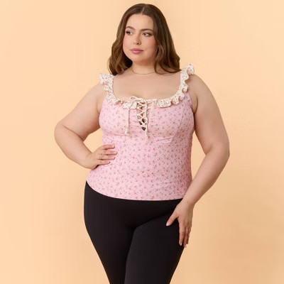 Blogilates Women's Ruffle Lace Up Tank Top - Pink Floral 1X | Target