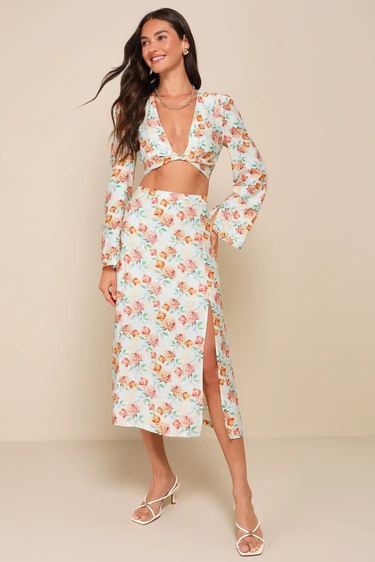 Cute Expertise Light Sage Green Floral High-Waisted Midi Skirt | Lulus