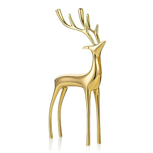 Sziqiqi Deer Statue for Christmas Decorations - Brass Reindeer Sculptures Gold Elk Animal Figurines for Home Decor Metal Stag Antler Christmas Table Centerpiece Ornaments for Fireplace Mantle Indoor | Amazon (US)