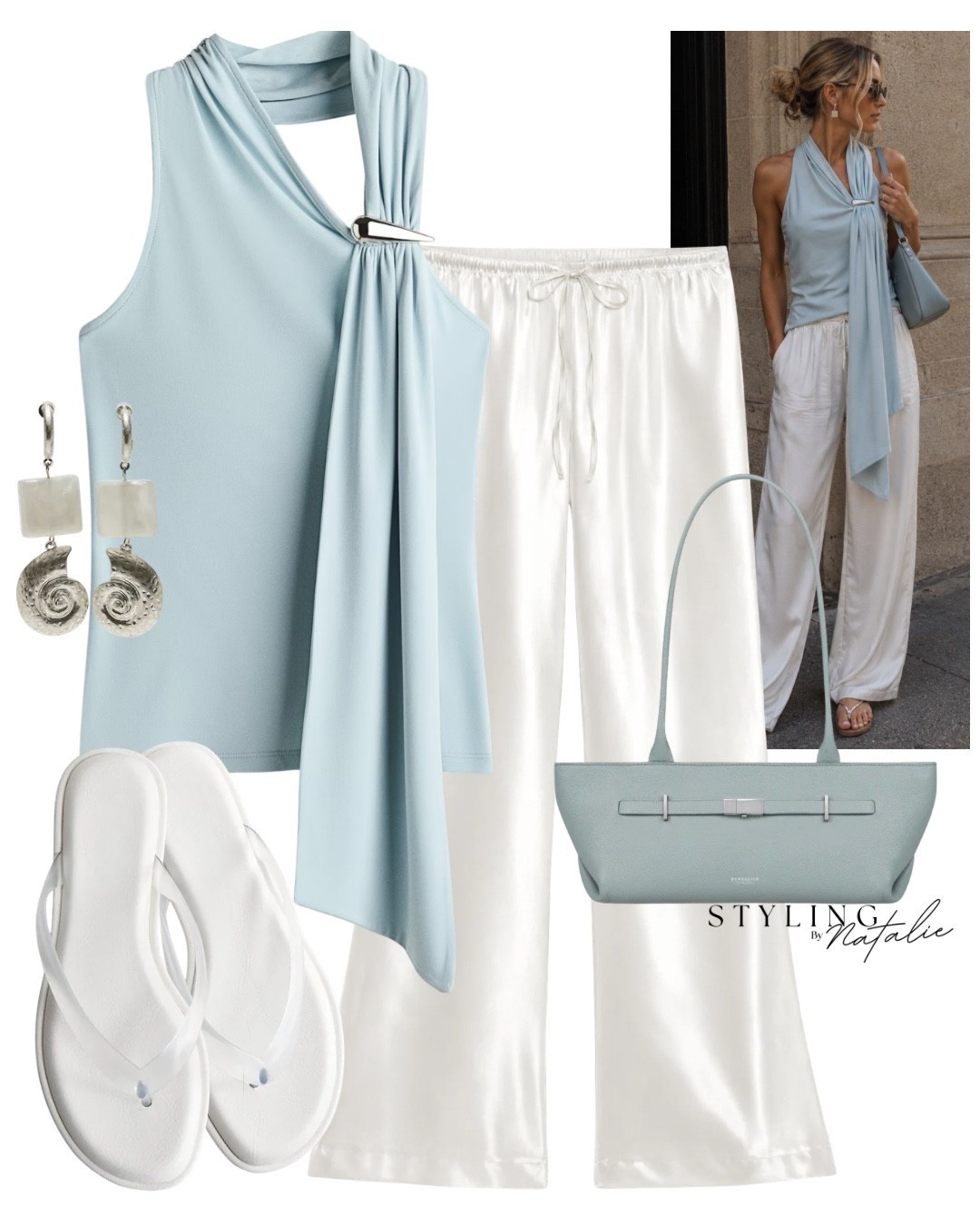 Dusty blue halter neck scarf detail top with metal detail, satin drawstring trousers, white flip flops, Demellier east to west bag. Date night, summer outfit, holiday outfit, Zara, H&M fashion, high street, vacation wear

#LTKsummer #LTKdatenight #LTKstyletip