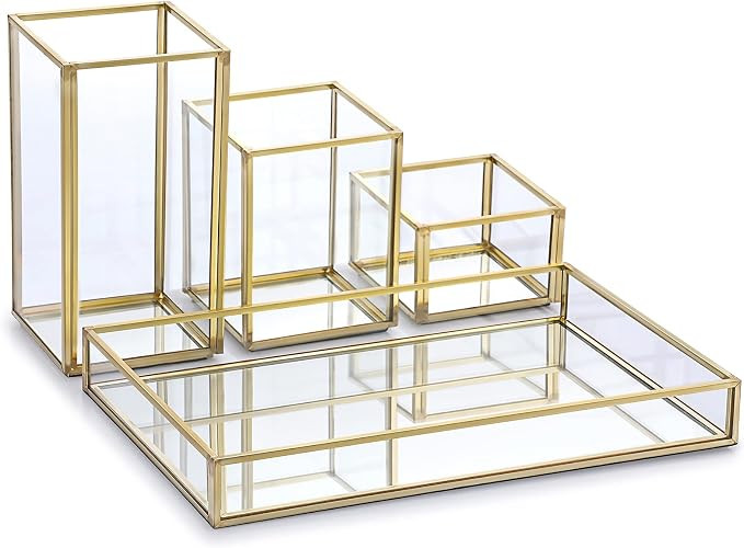 Hipiwe Set of 4 Glass Mirror Tray with Stackable Makeup Brush Holder - Gold Jewelry Trinket & Van... | Amazon (US)