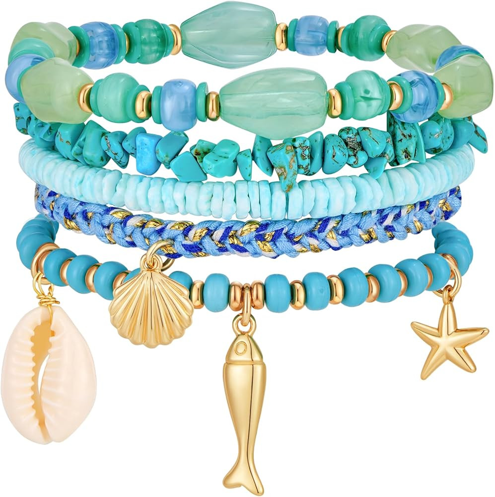 Pulseras el\u00e1sticas de cuentas multicolor para mujer, pulsera apilable a la moda, estilo bohe... | Amazon (US)