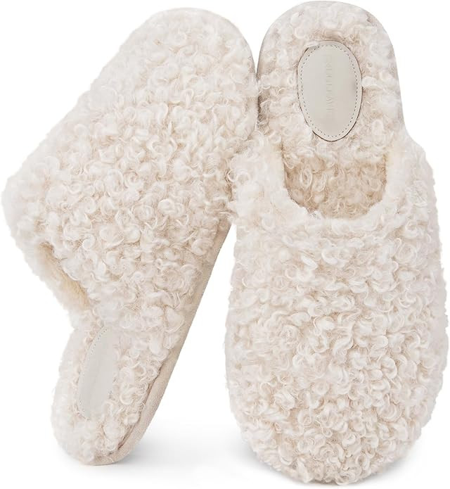 Snug Leaves Women's Scuff Slippers Furry Cute Curly Faux Wool Slip-on Indoor Memory Foam House Sh... | Amazon (US)