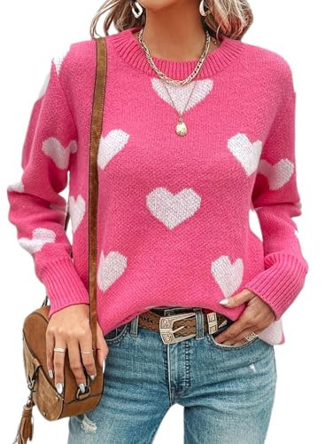 Hot Pink Heart Sweaters for Women Valentine's Day Fall Winter Long Sleeve Crew Neck Casual Cute Lightweight Pullover Knit Tops | Amazon (US)