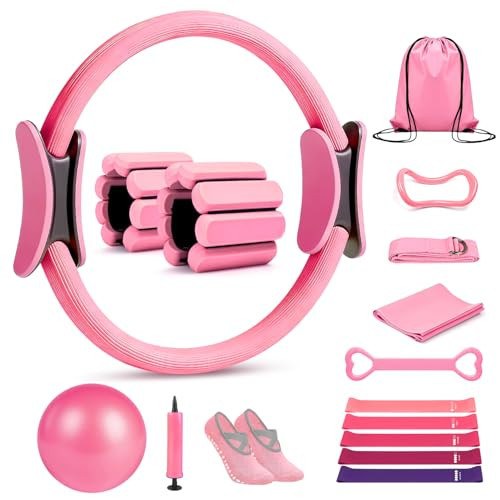 Kanonmaori Pilates Ring Set 15 PCS, Home Pilates Essentials Kit for Women, 12”Pilates Ring and 9”Ball Set, Pilates Kit with Ankle Weights 2LB, Resistance Bands, for Toning & Better Me Gifts(Pink) | Amazon (US)