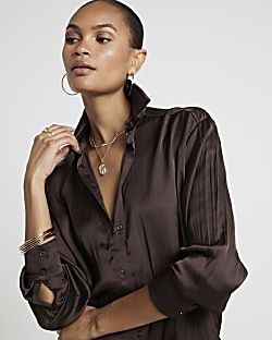 Brown crinkle satin shirt | River Island (UK & IE)