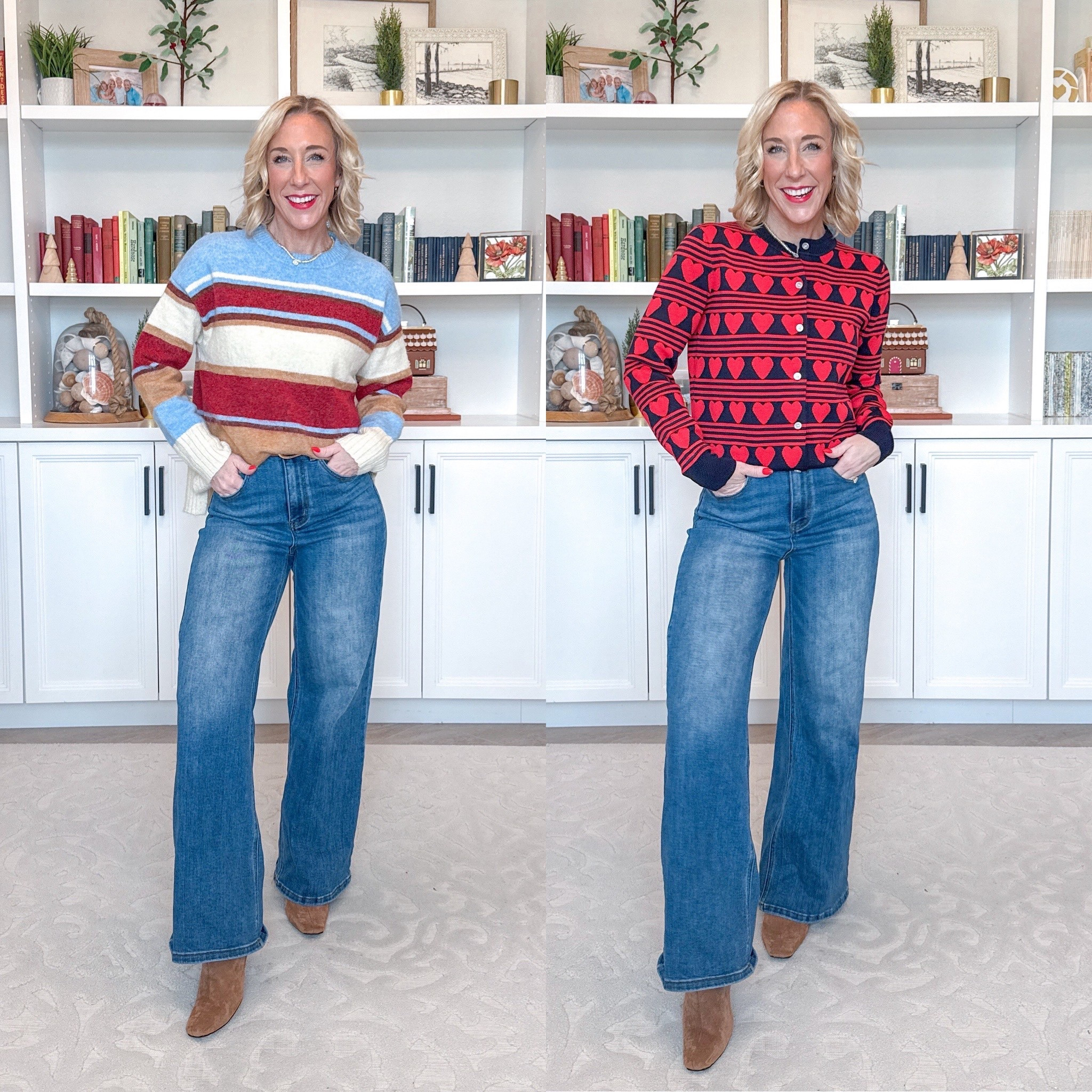 Walmart - 5 new sweaters - * Wide Leg Jeans - size 25.

Heart Print Cardigan - size XS. $24. 2 colors. 
 
Brushed Stripe Sweater - size XS. $22.98. 3 colors.

 

#LTKSeasonal #LTKFindsUnder50 #LTKOver40